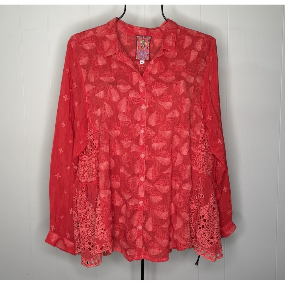 Johnny Was Pine Desi Sz L Red Blouse Eyelet Embroidered Sleeve Button Down Boho